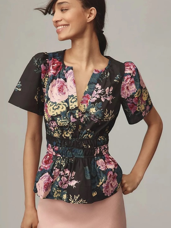 Anthropologie Tops - Anthropologie Somerset Black Floral Peplum Blouse Top M